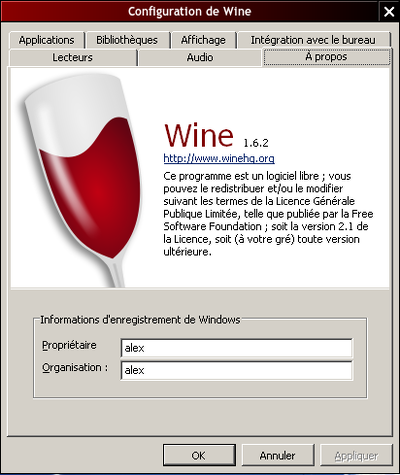 Capture d'écran de winecfg.